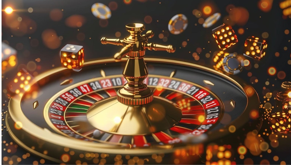 A close-up of a spinning roulette wheel, blurred in motion, amidst a backdrop of glimmering lights and airborne dice