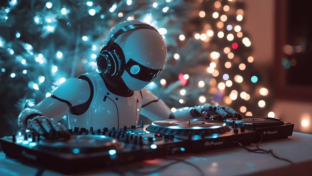 A robot DJ spins the hits at a party