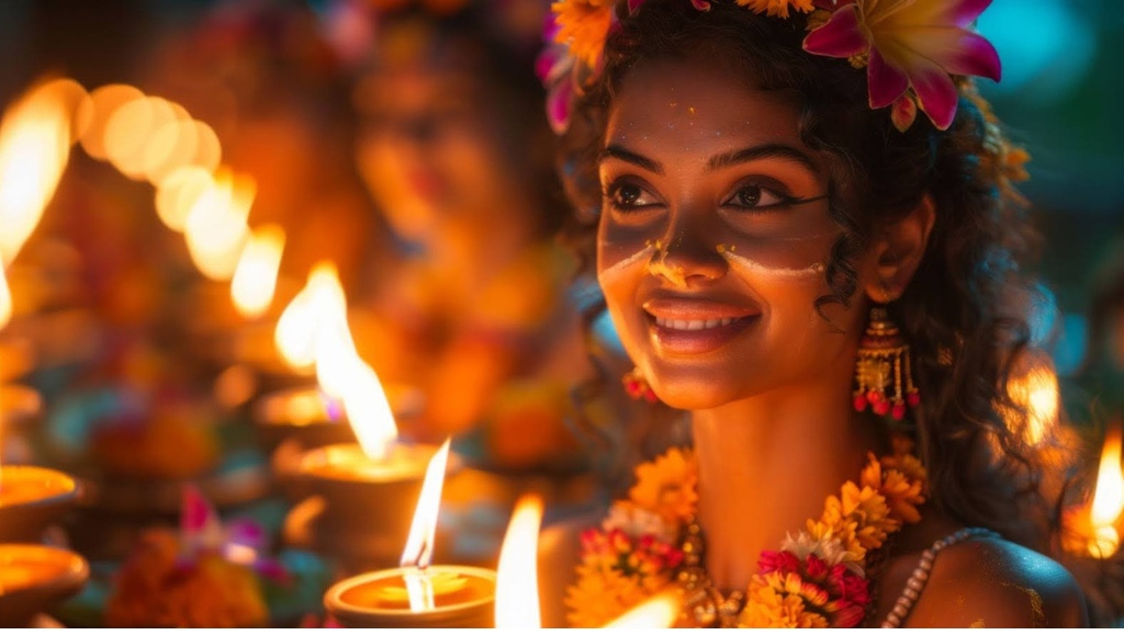 A woman in a lei and tropical flowers in her hair, has her face illuminated by a candle