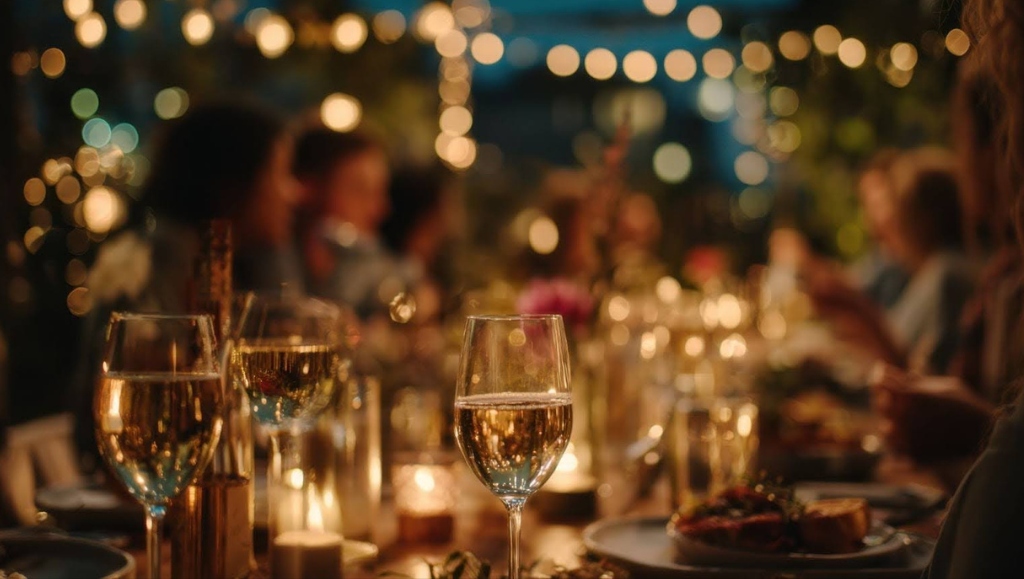 Guests enjoy an outdoor dinner party filled with warm lights, laughter, and shared food during a lovely evening gathering