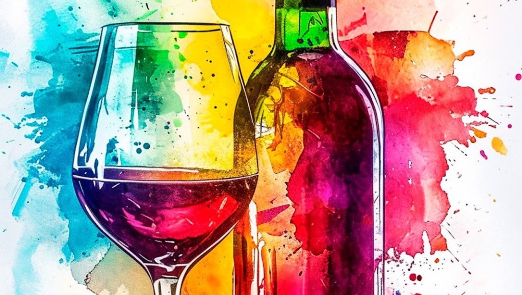 Watercolor drawing of a wine bottle and glass
