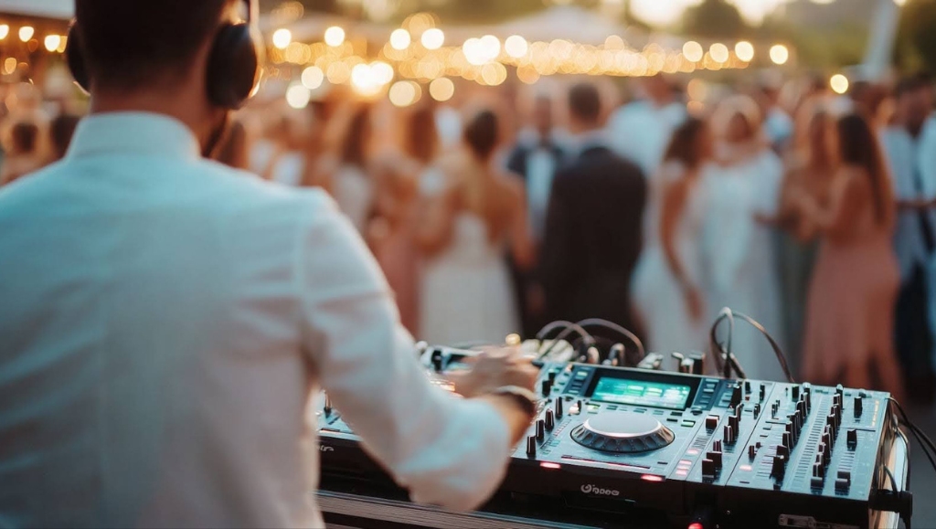 A DJ mixes tracks at a lively outdoor wedding reception while guests dance and celebrate in the background.