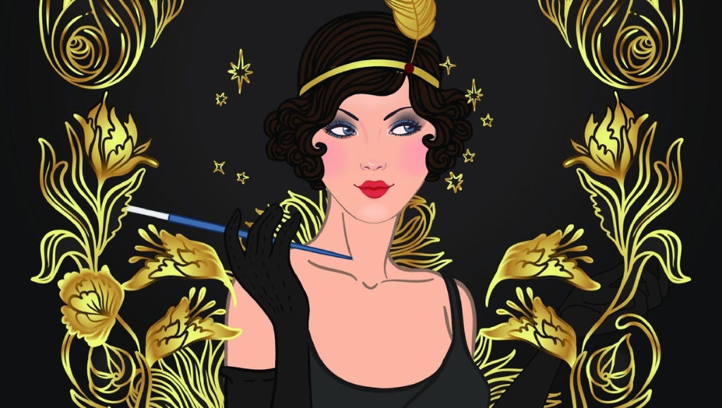 Art Deco vintage invitation template design with illustration of flapper girl